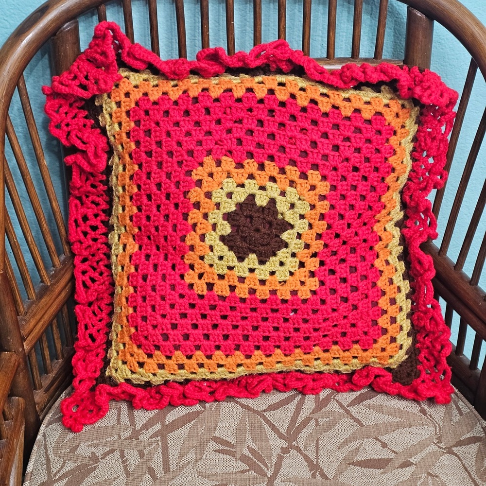 Vintage Handmade Crochet Granny Square Throw Pillow Red Orange Yellow Ruffled